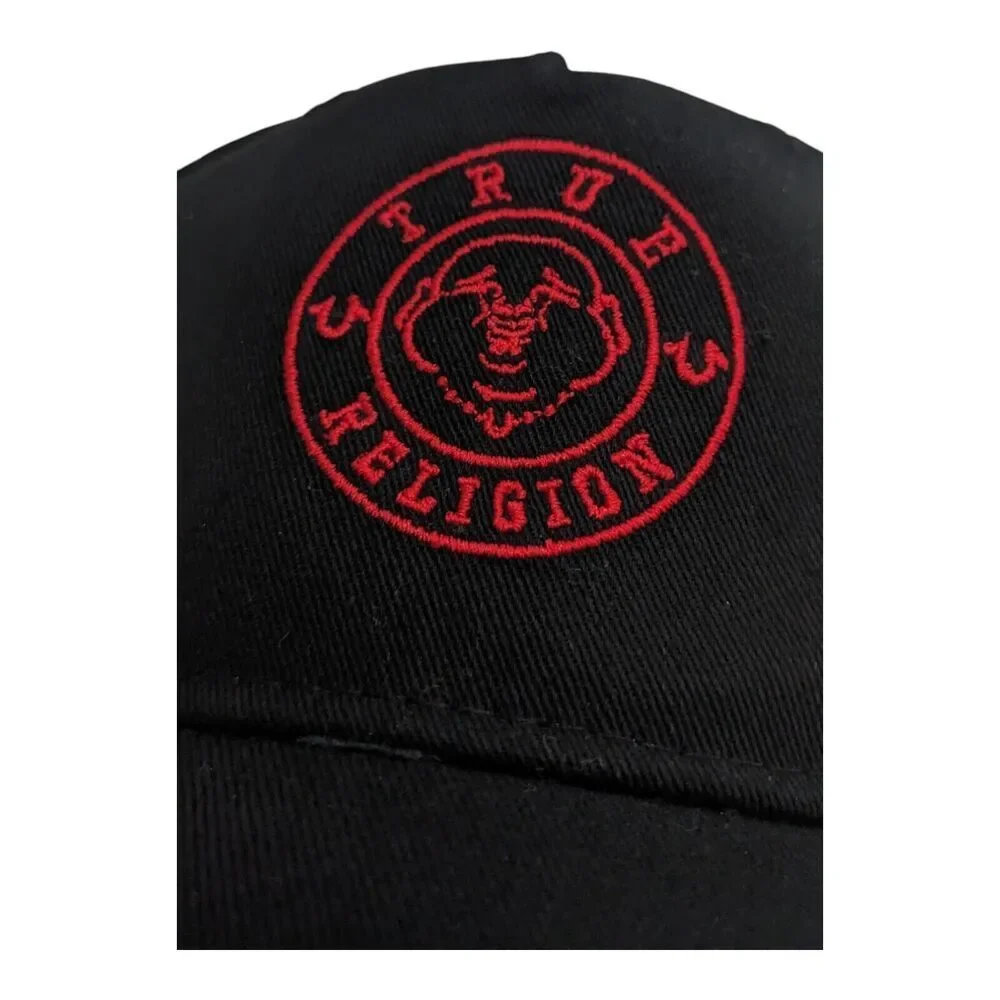 True Religion Hat Snapback Baseball‎ Poker Cap Black Red Buddha Smiley Face Logo